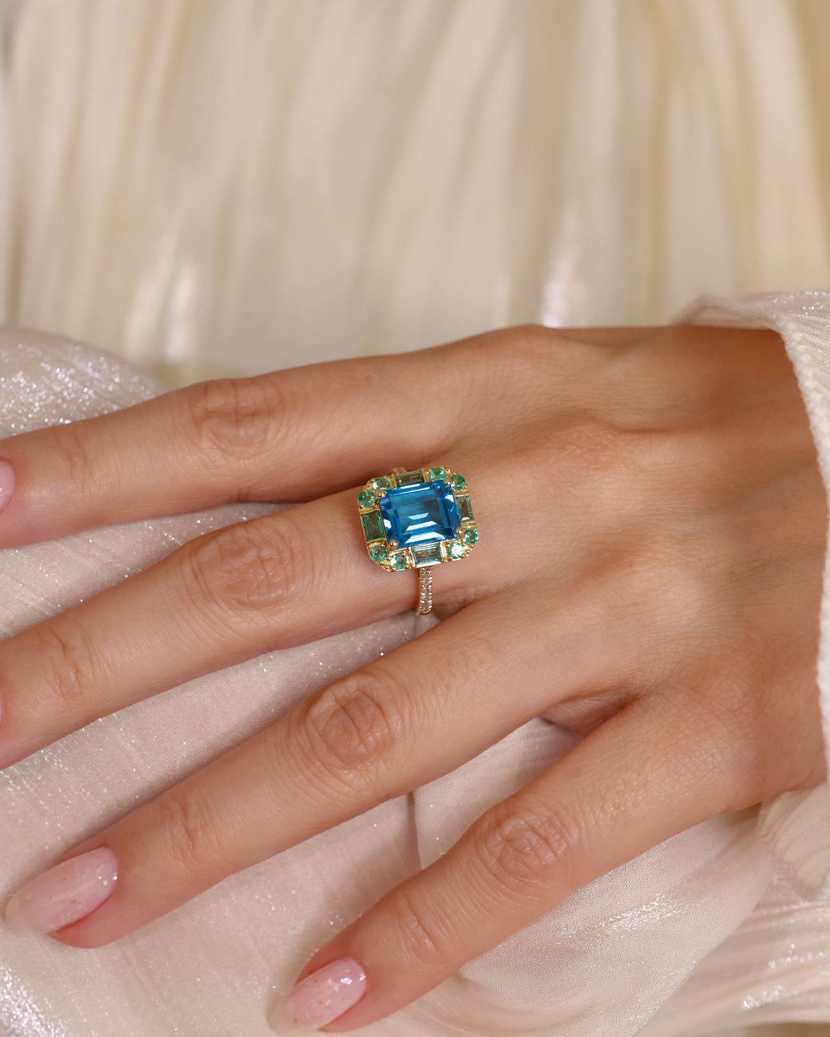 Blue Topaz, Emerald and Diamond Ring, 5.1 ct
