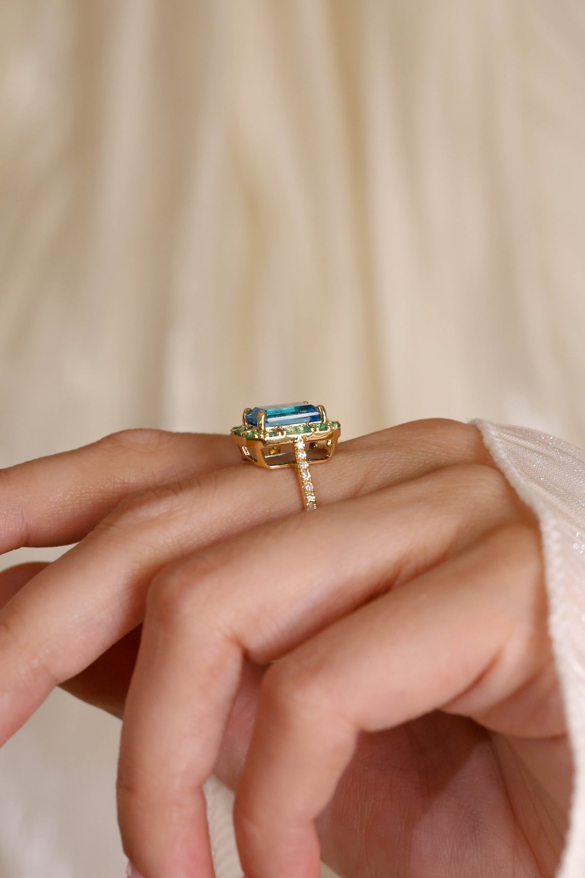Blue Topaz, Emerald and Diamond Ring – view 4