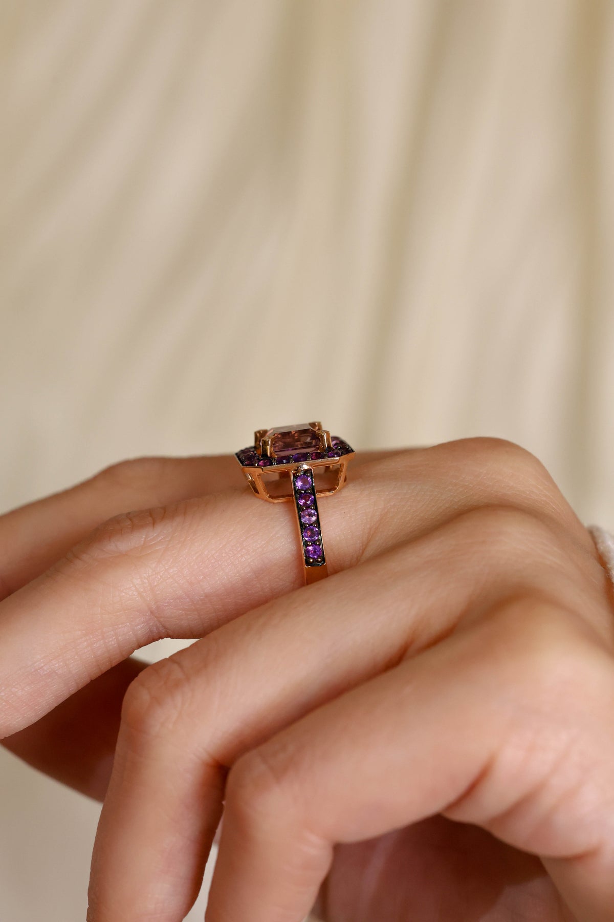 Amethyst Halo Ring in 18K Rose Gold – view 2