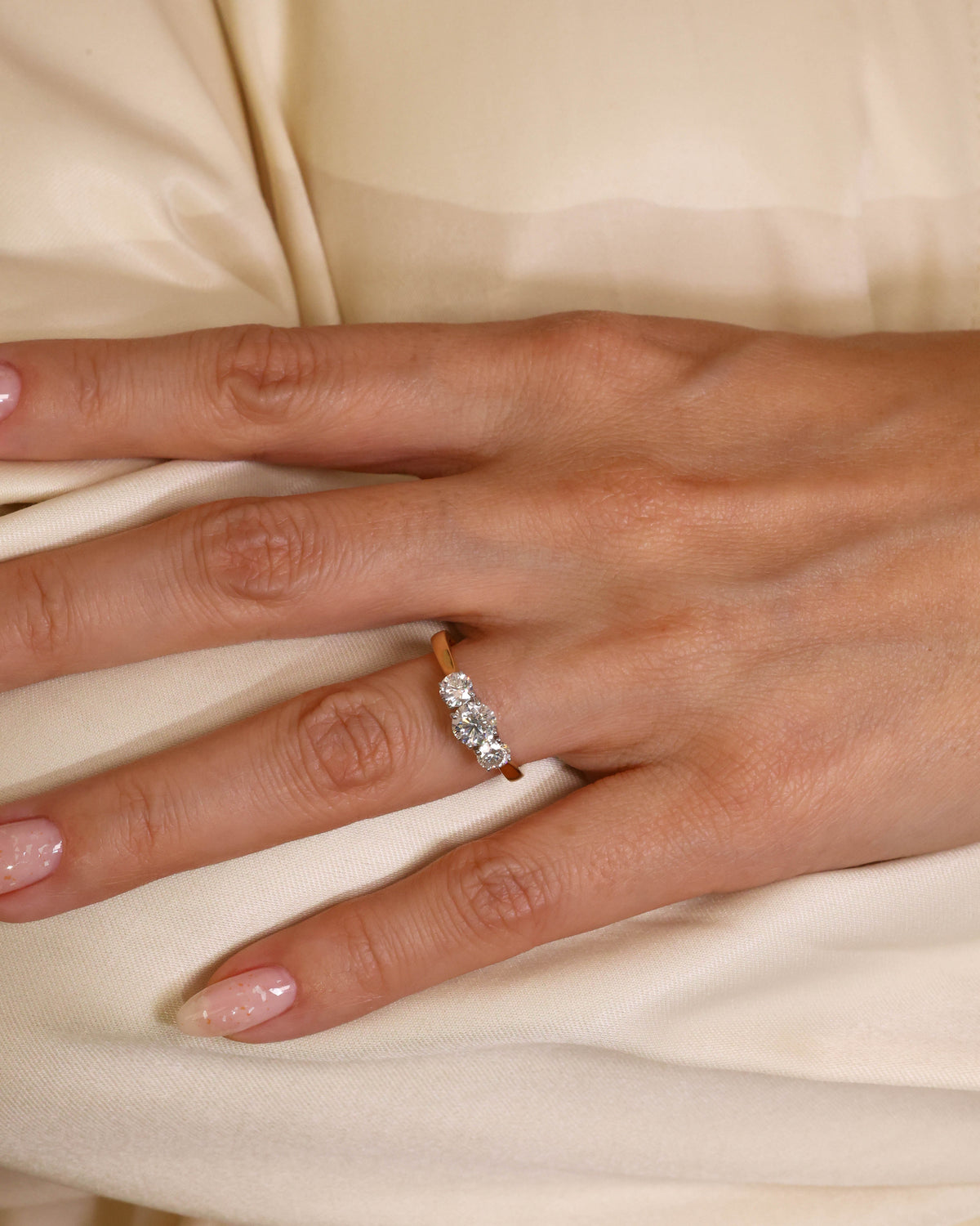 Three-Stone Round Natural Diamond Ring in 18K White Gold, 0.70 ct