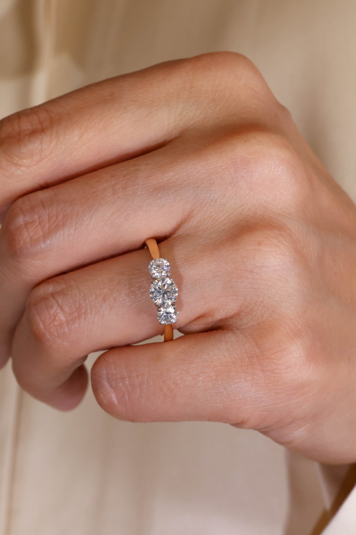Three-Stone Round Natural Diamond Ring in 18K White Gold – view 2