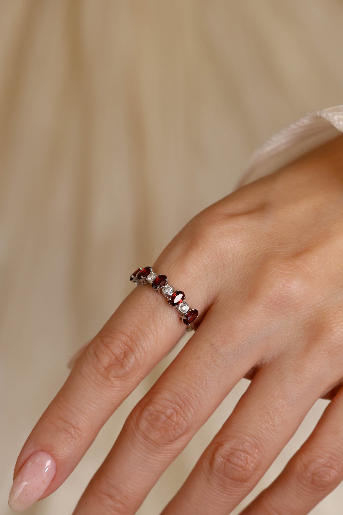 Garnet and Diamond Half-Eternity Ring in 18K White Gold – view 2