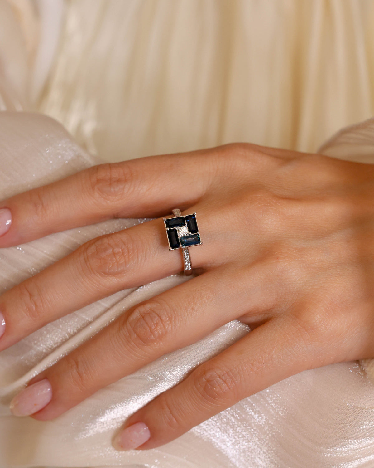 Baguette Cut Sapphire & Diamond Ring in 18K White Gold, 1.89 ct