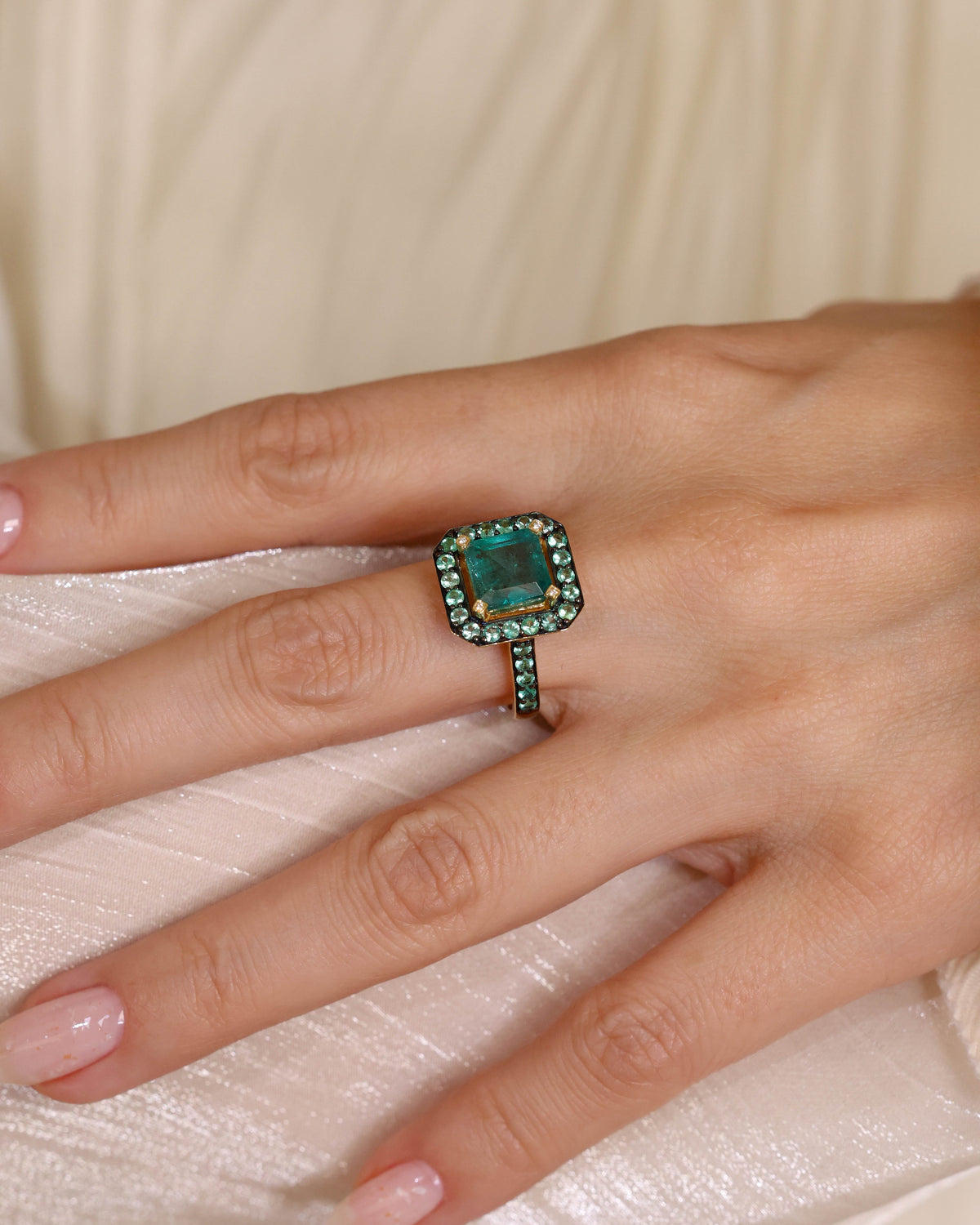 Emerald-Cut Gemstone & Natural Diamond Halo Ring in 18K Yellow Gold, 2.95 ct