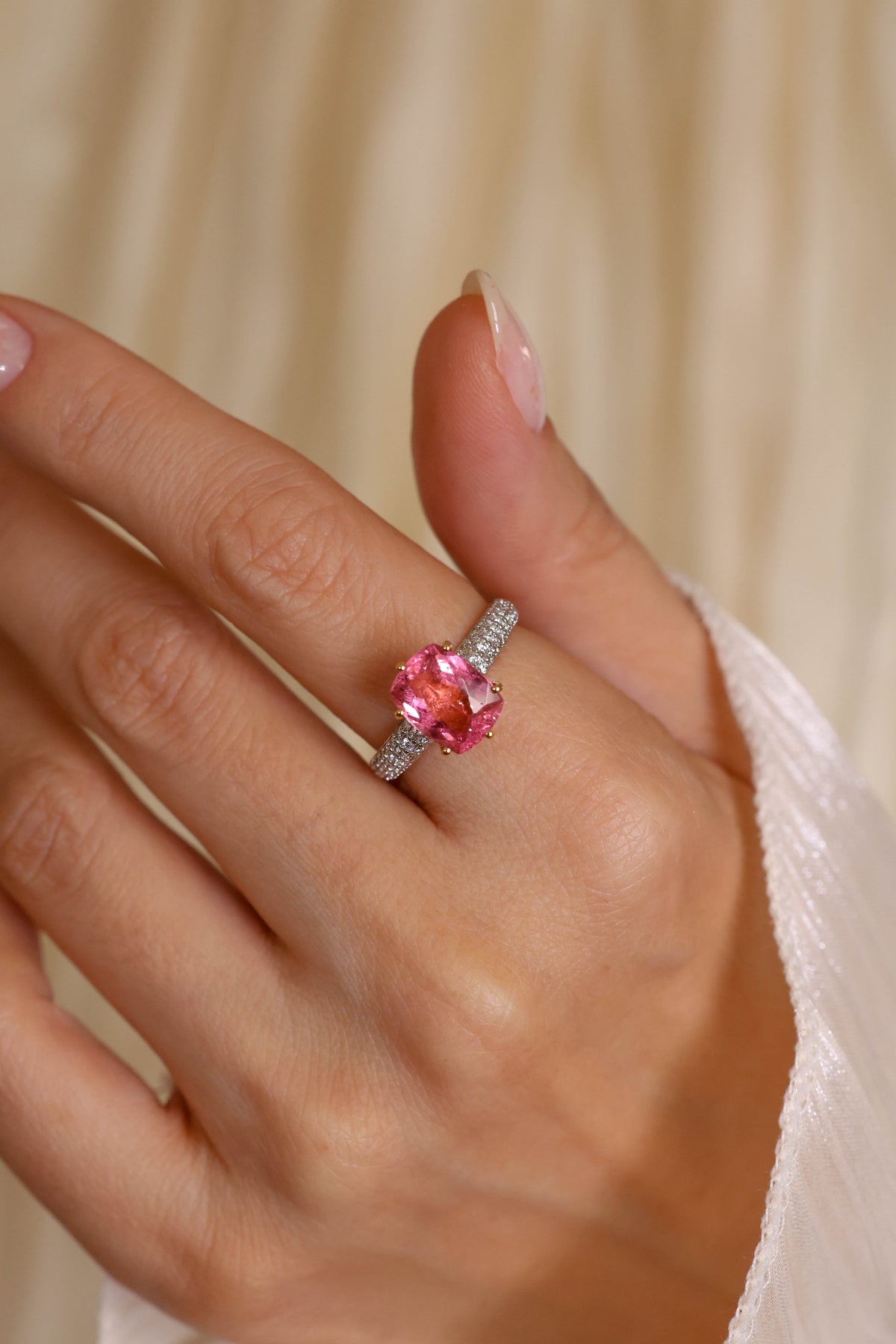 Pink Tourmaline Cushion Diamond Ring in 18K Rose Gold – view 2