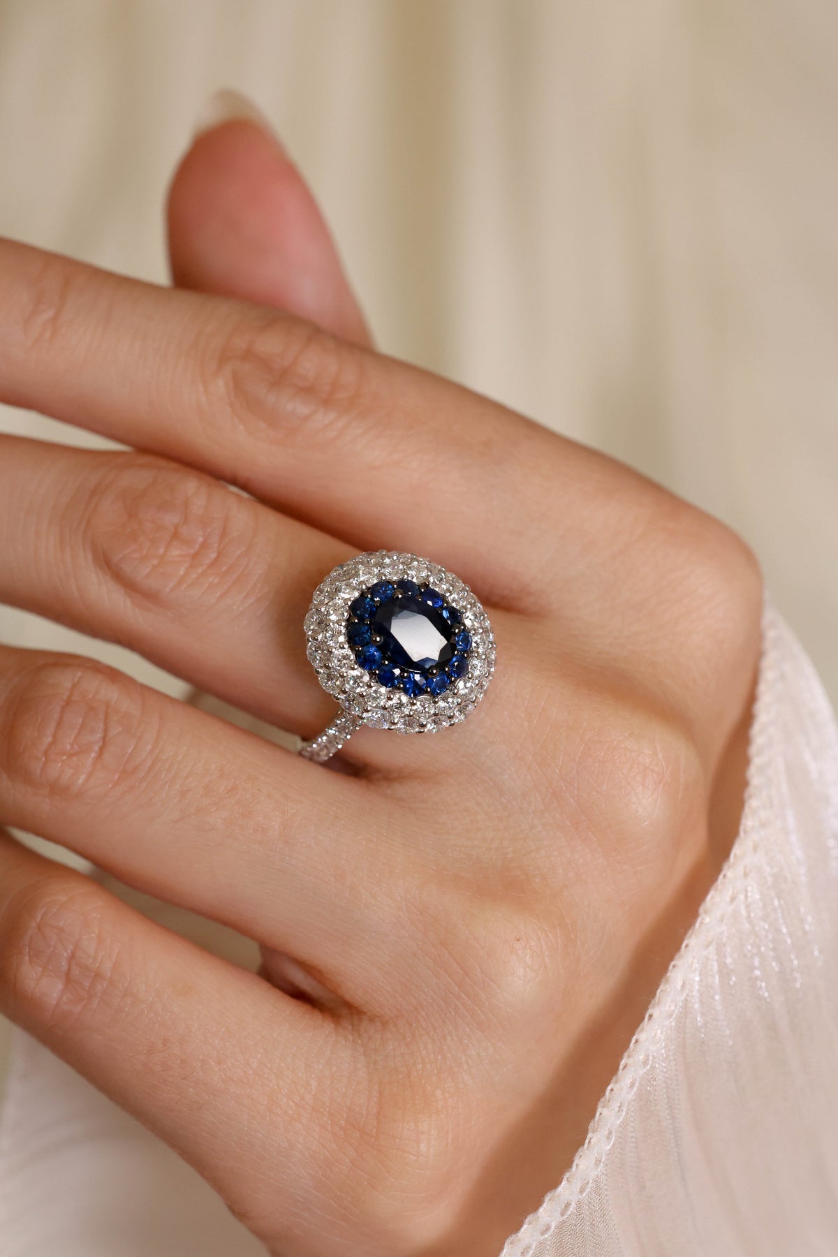 Oval Sapphire Double Halo Diamond Ring in 18K White Gold – view 2