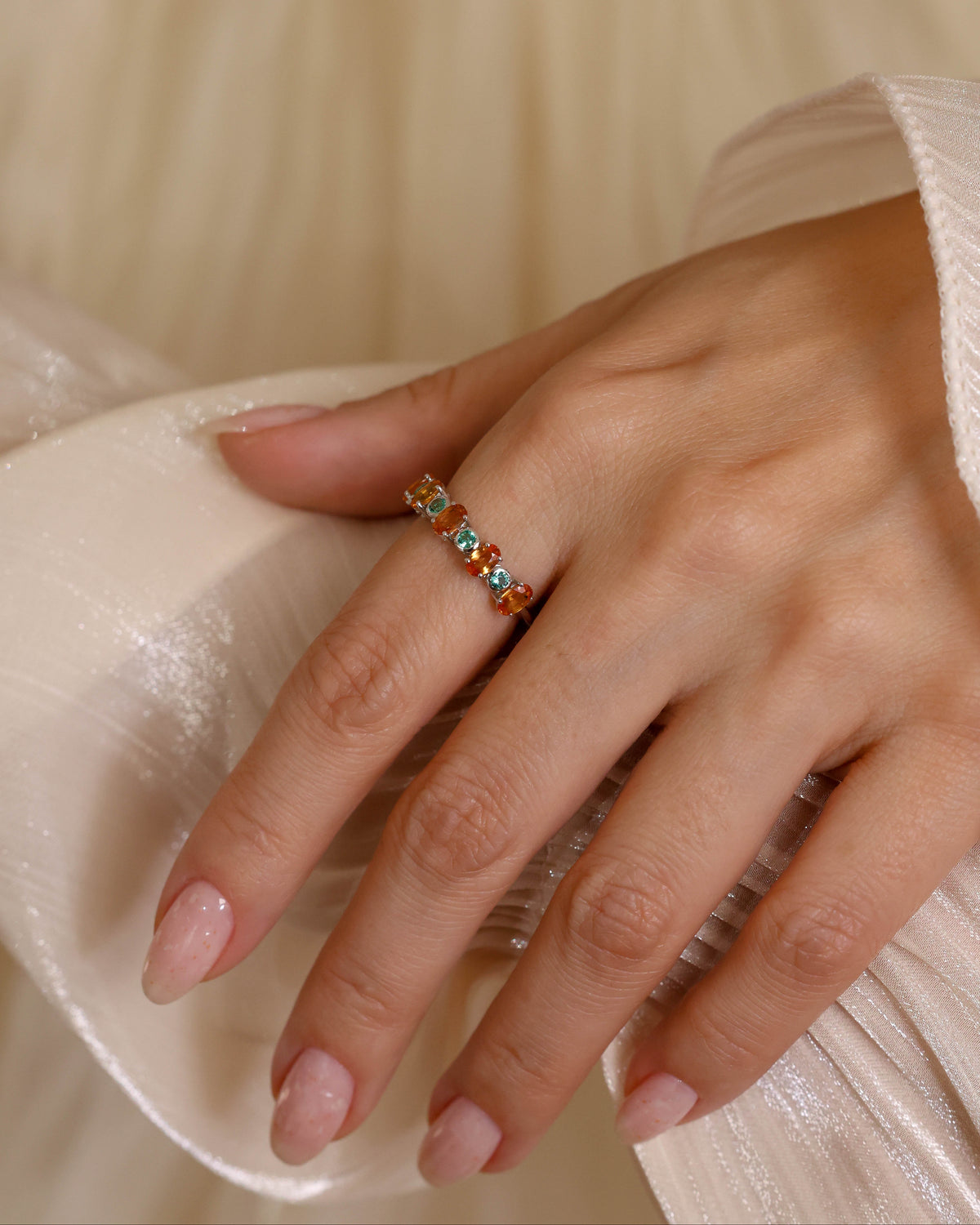 Emerald & Citrine Mosaic Ring in 18K White Gold, 1.46 ct