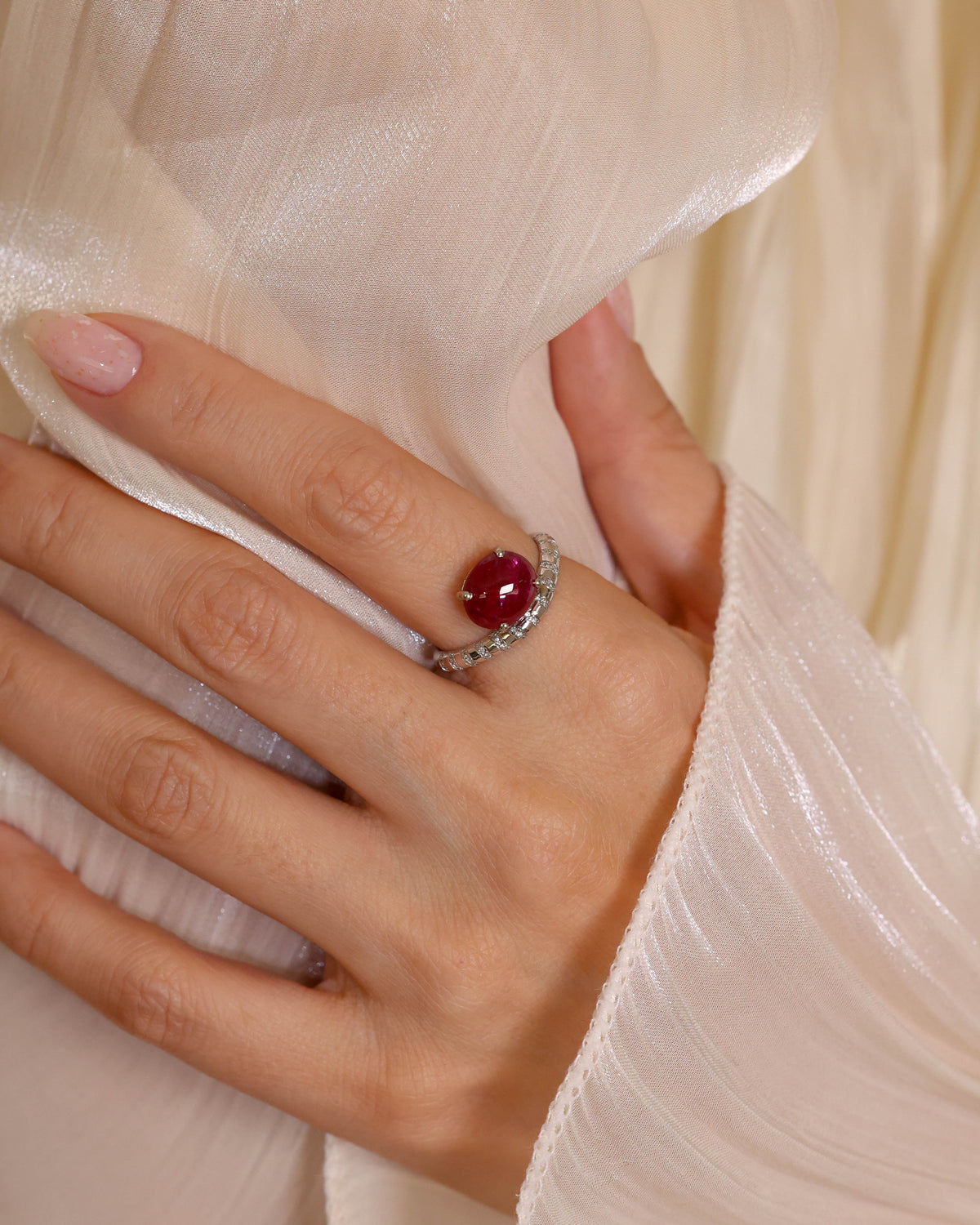 Ruby Cabochon and Diamond Bypass Ring in 18K White Gold, 4.71 ct