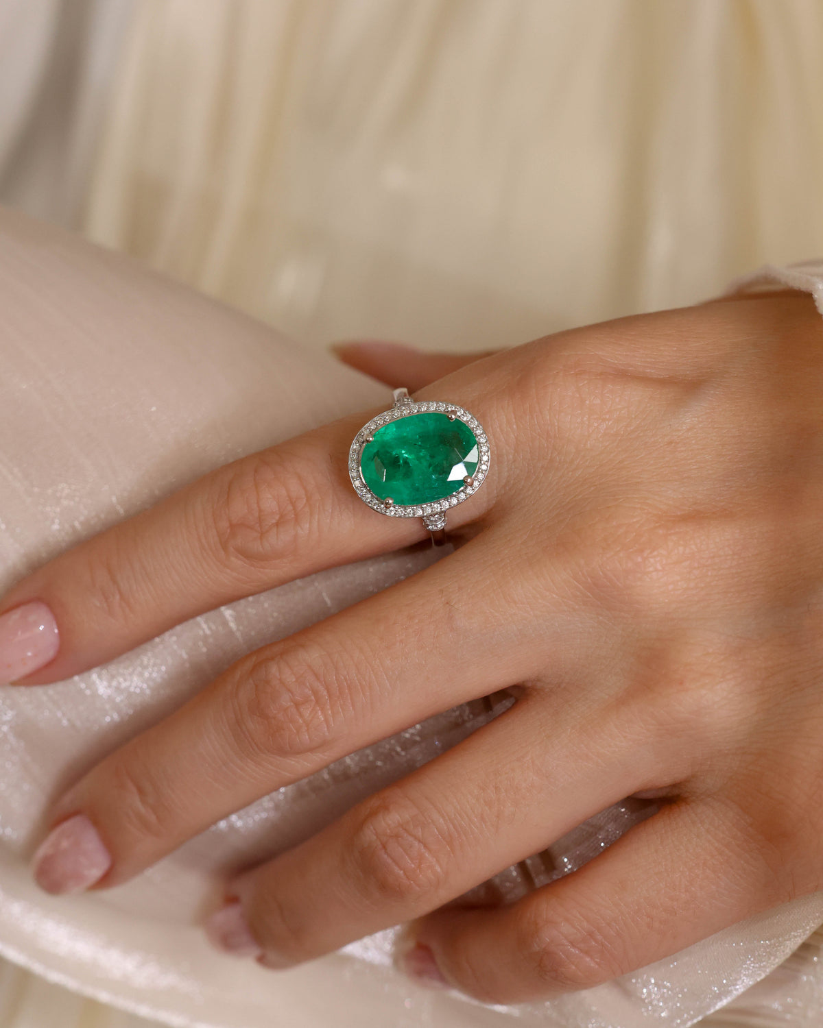 Natural Emerald & Diamond Halo Ring in 18K White Gold, 5.97 ct