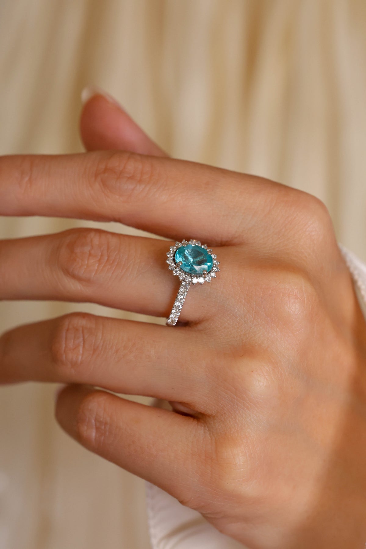 Blue Apatite Natural Diamond Halo Ring in 18K White Gold – view 2