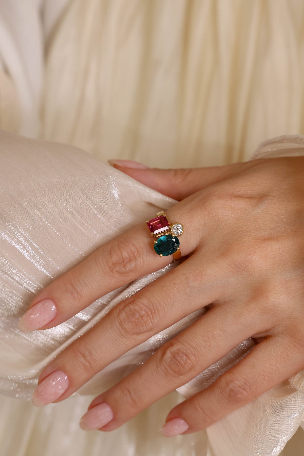 Green and Pink Tourmaline Ring
