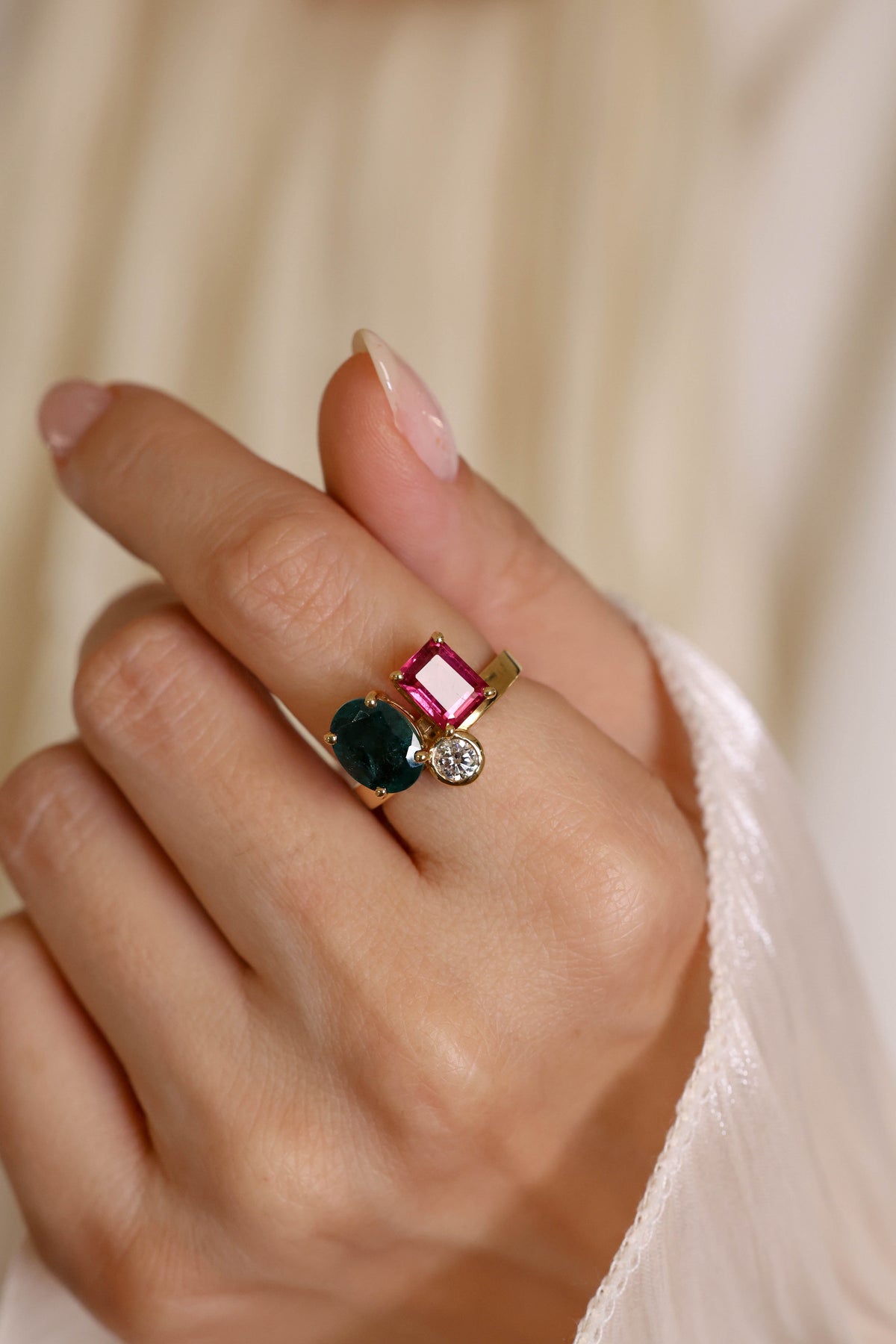 Green and Pink Tourmaline Ring