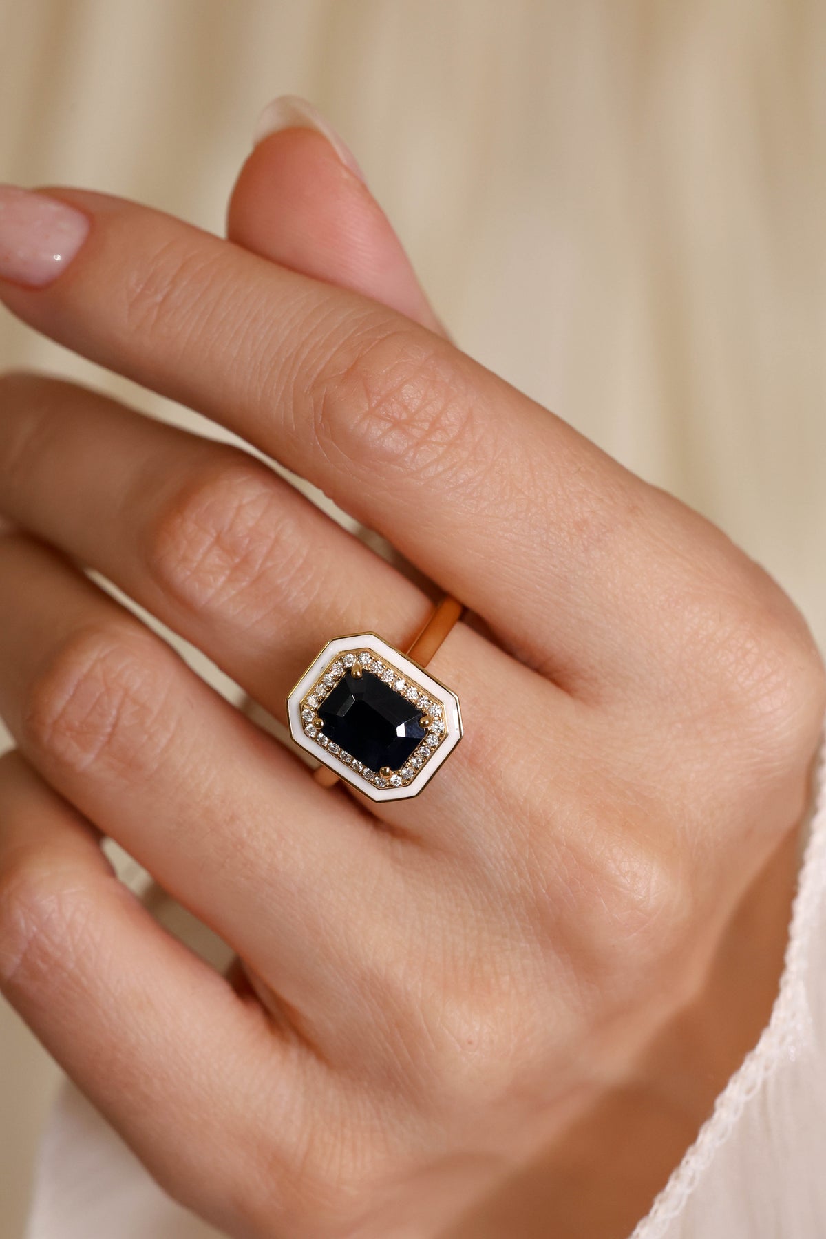 Blue Sapphire and Diamond Enamel Ring in 18K Yellow Gold – view 2