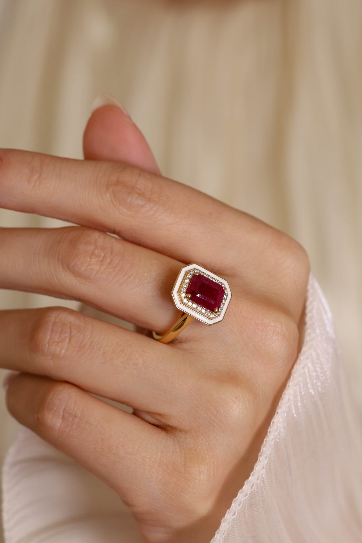 Ruby Halo Natural Diamond Ring in 18K Yellow Gold – view 2