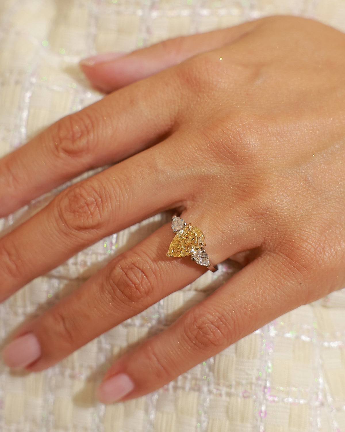 Grace Three-Stone Ring - Fancy Yellow Pear 3.00 ct in 18K Mixed Color Gold – view 2