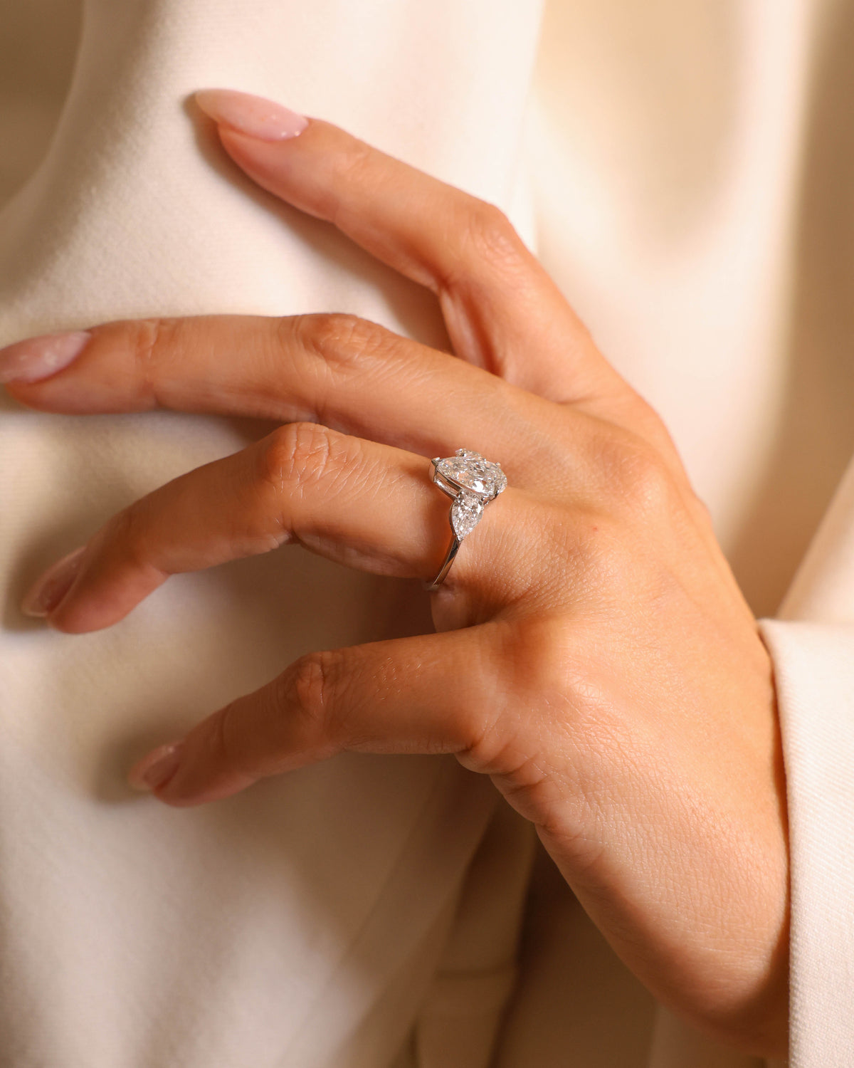 Three-Stone Pear Lab-Grown Diamond Ring in 18K White Gold – view 3