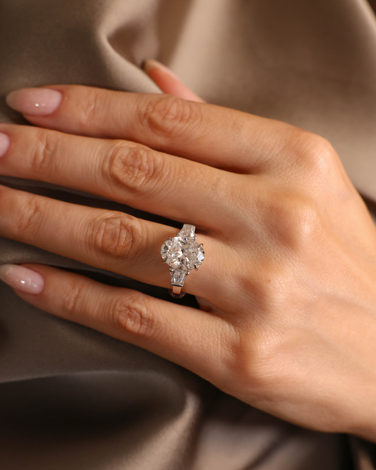 Oval Lab-Grown Diamond Three-Stone Ring in 18K White Gold, 4.01 ct