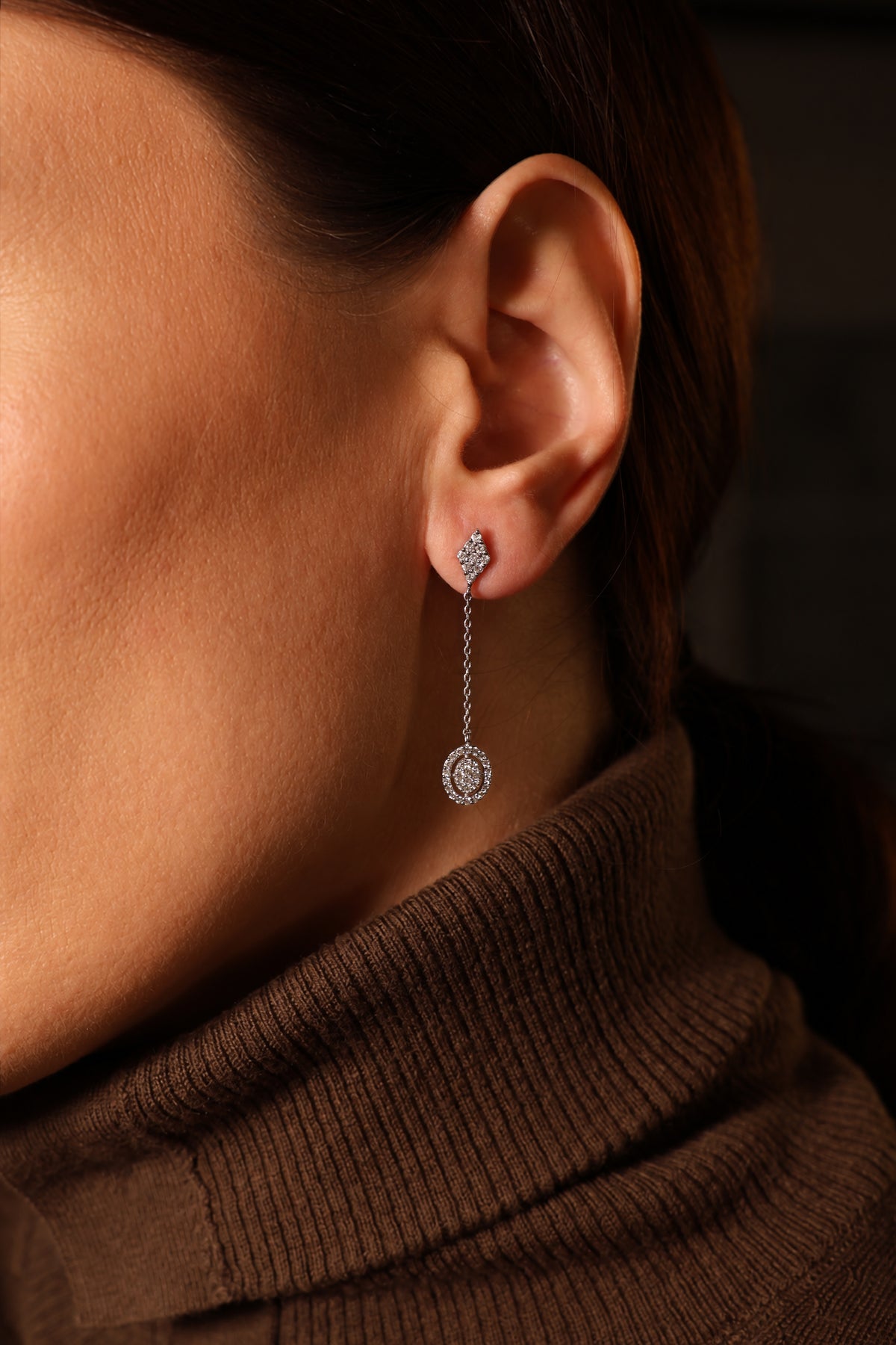 Round Halo Drop Natural Diamond Earrings in 18K White Gold, 0.69 ct