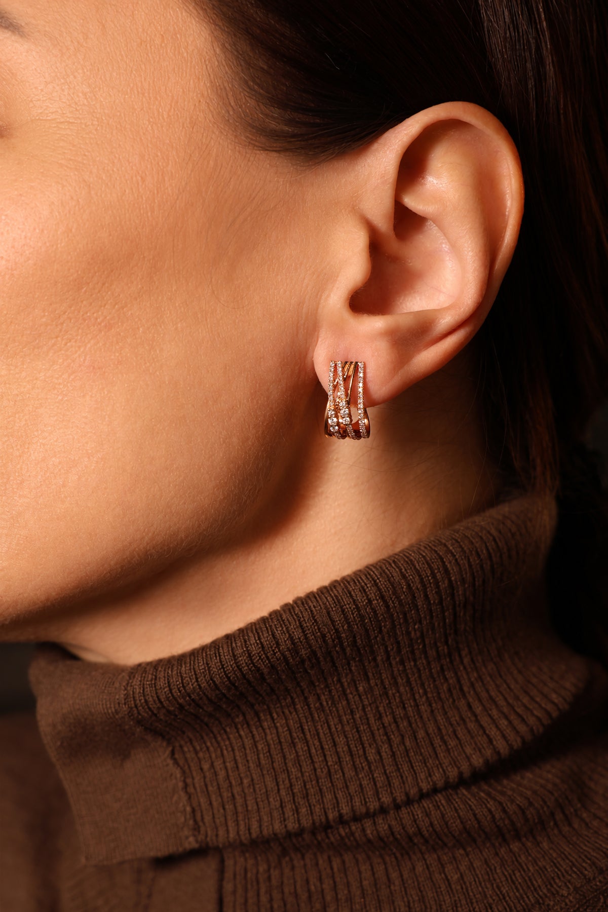 Layered Pavé Huggie Natural Diamond Earrings in 18K Rose Gold, 0.68 ct