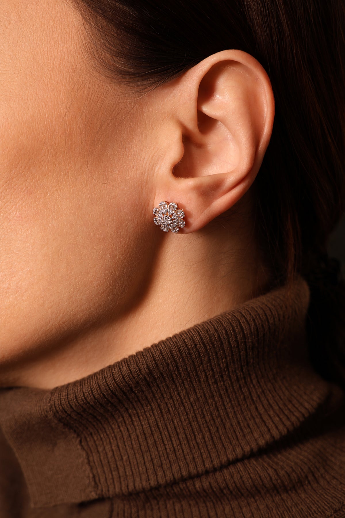 Round Floral Cluster Natural Diamond Stud Earrings in 18K Rose Gold, 1.01 ct
