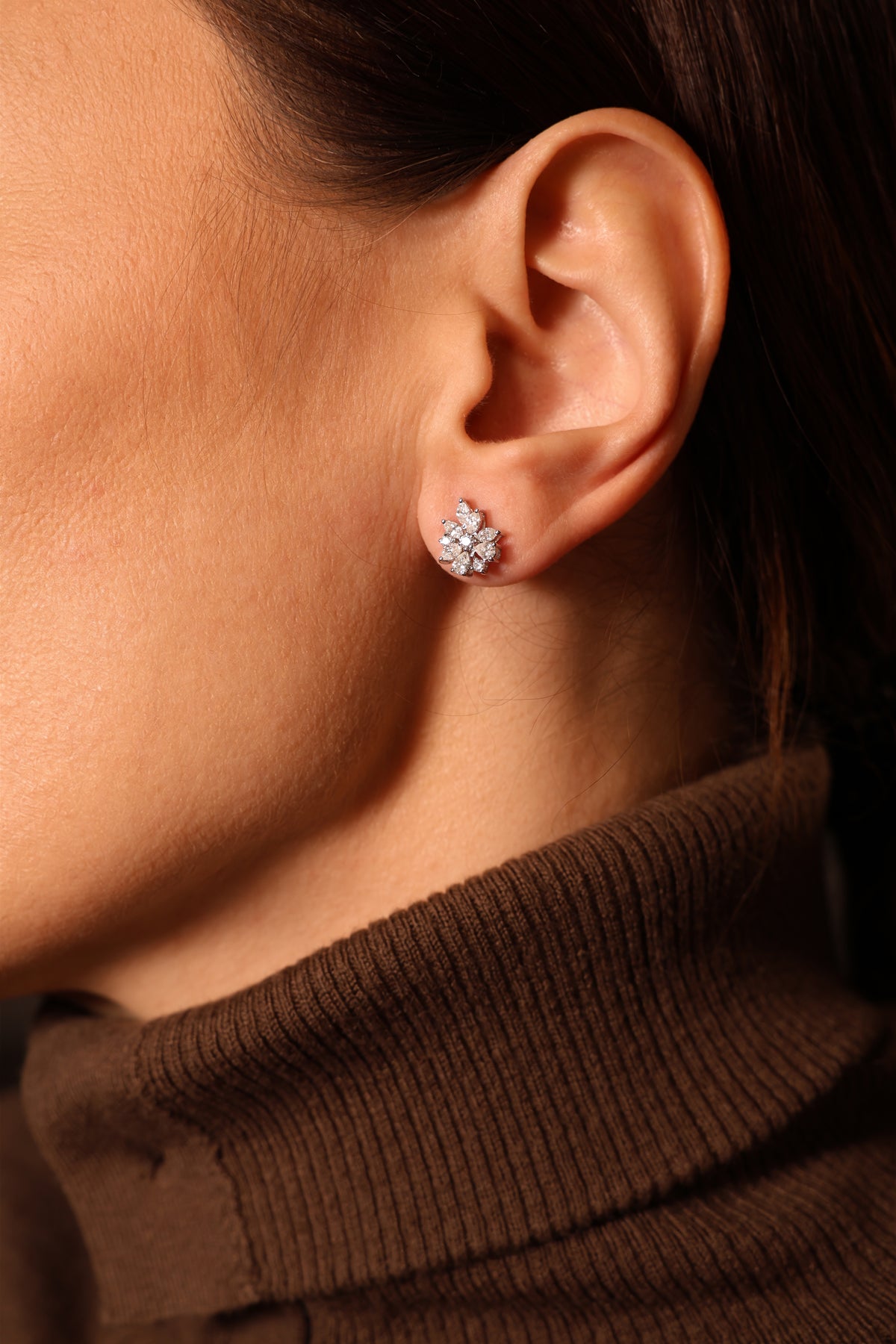 Asymmetrical Floral Natural Diamond Stud Earrings in 18K White Gold, 1.03 ct