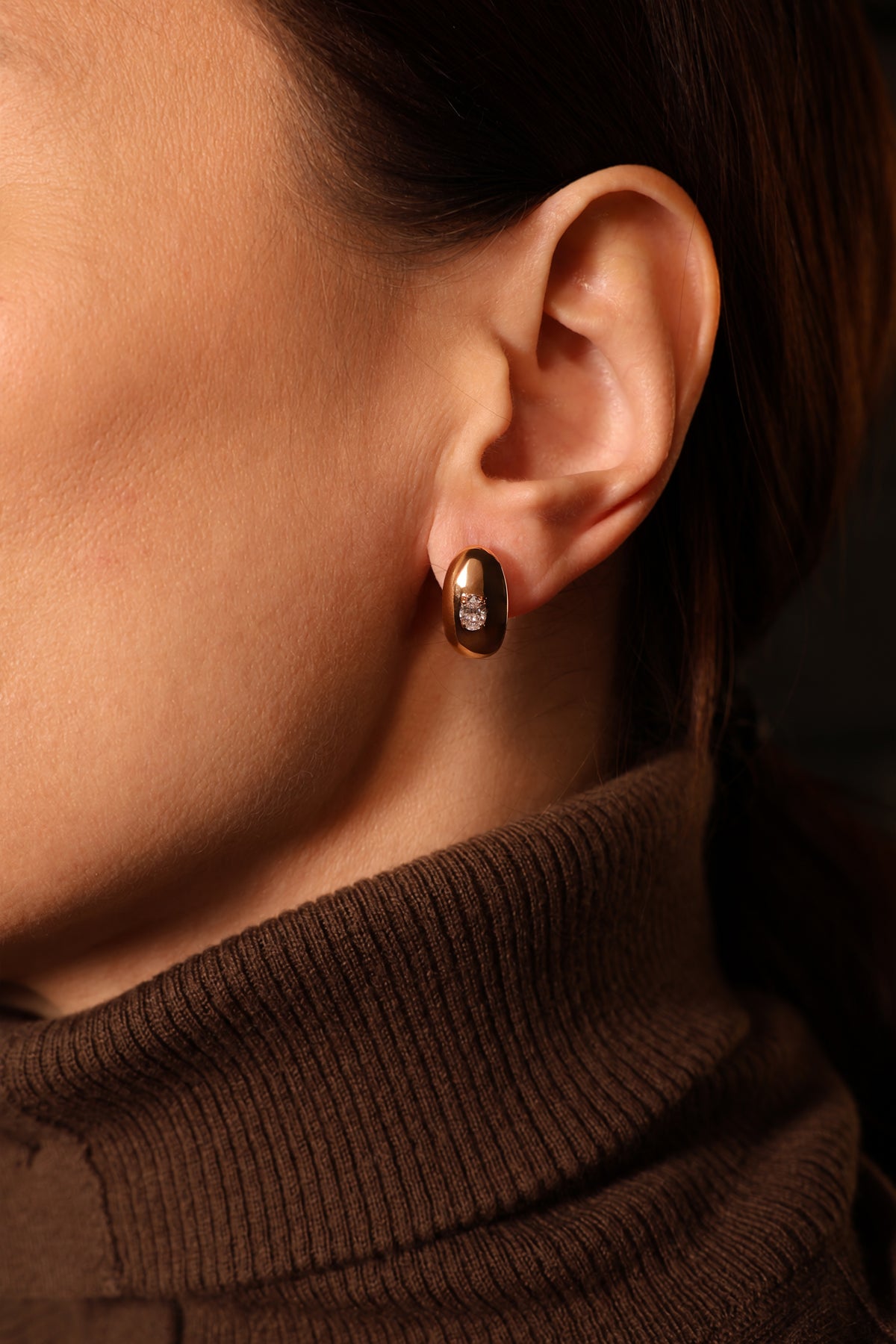 Oval Motif Huggie Natural Diamond Earrings in 18K Rose Gold, 0.6 ct