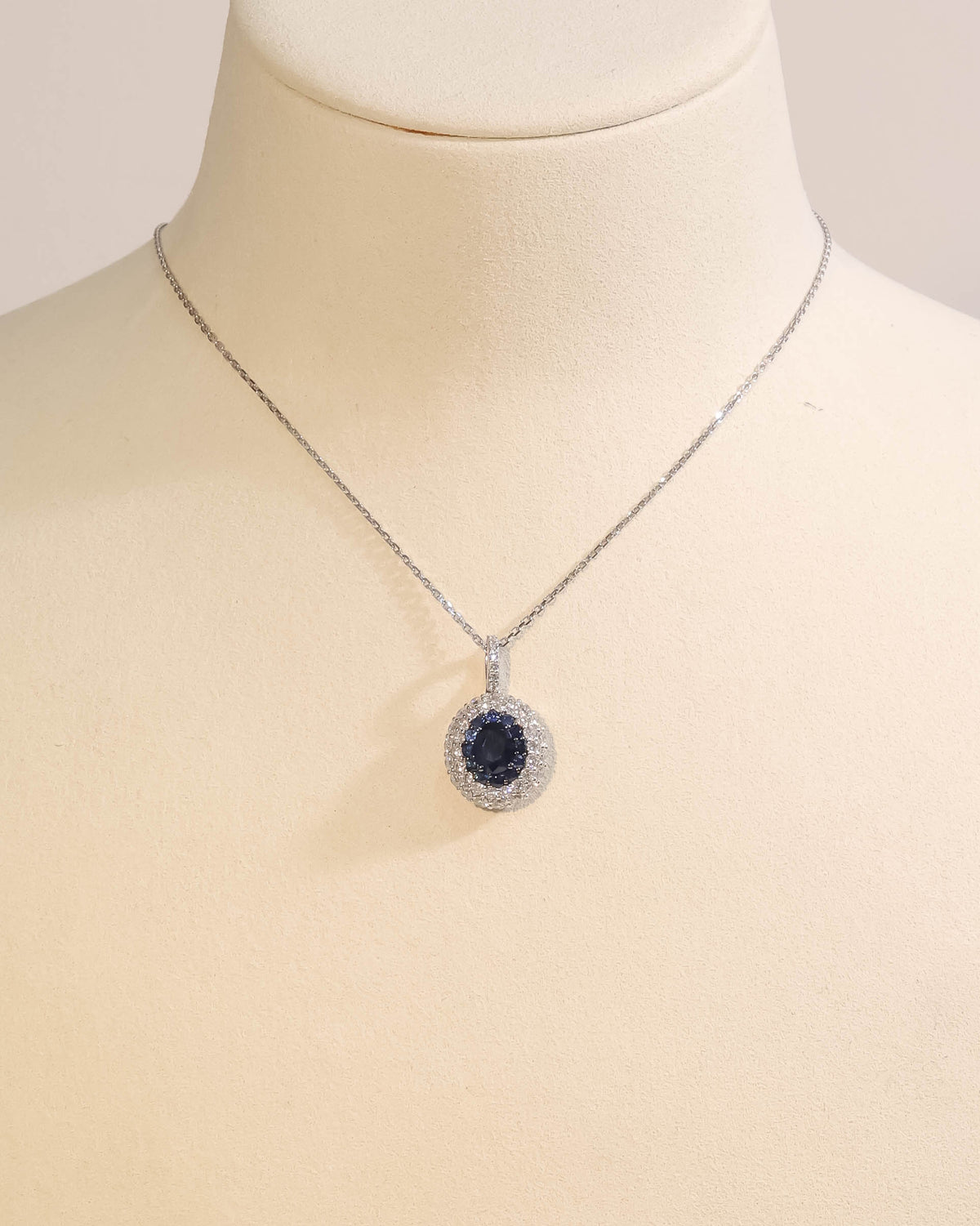 Blue Sapphire with Natural Diamond Pendant in 18K White Gold, 1.46 ct
