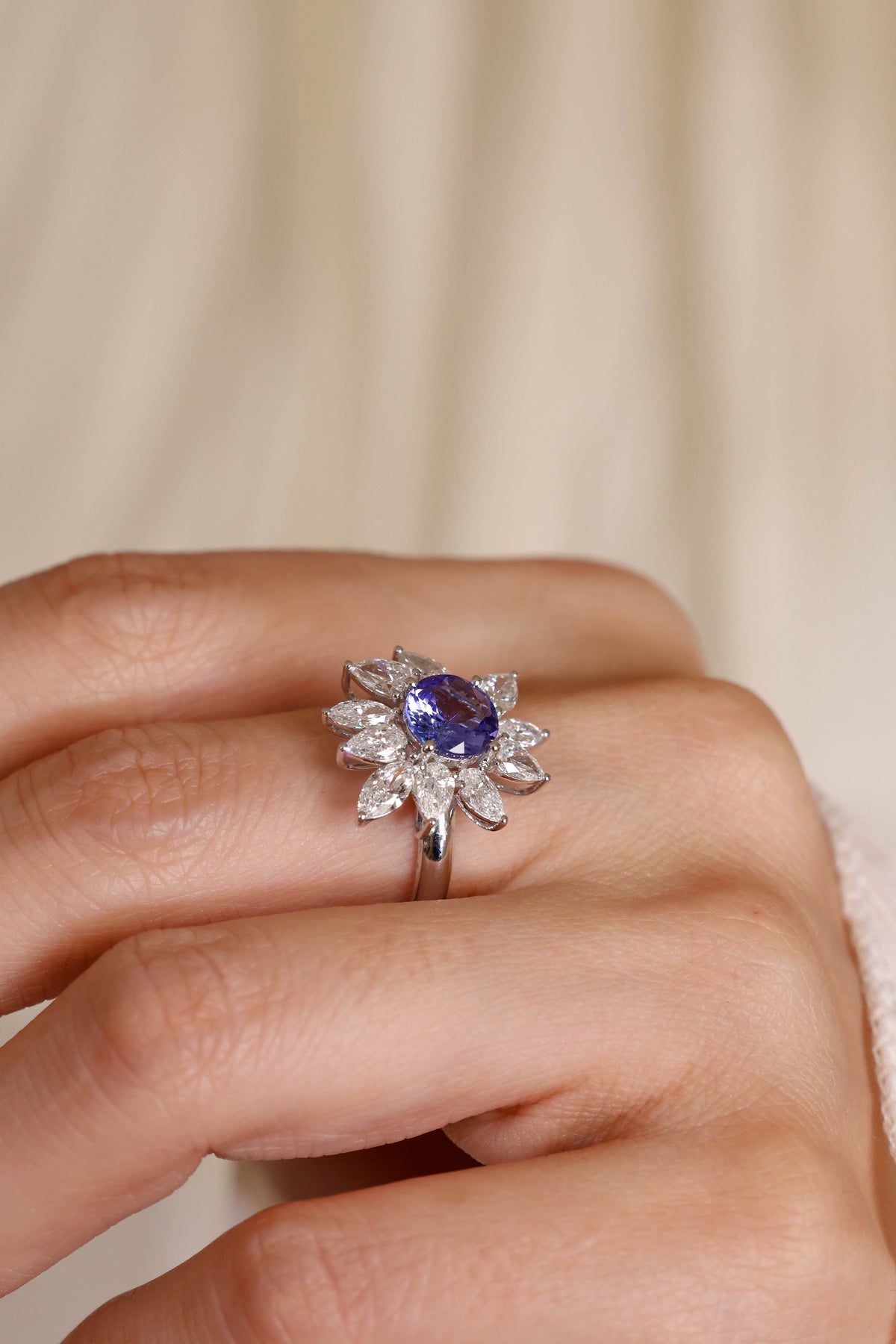 Tanzanite Floral Ring in 18K White Gold – view 2