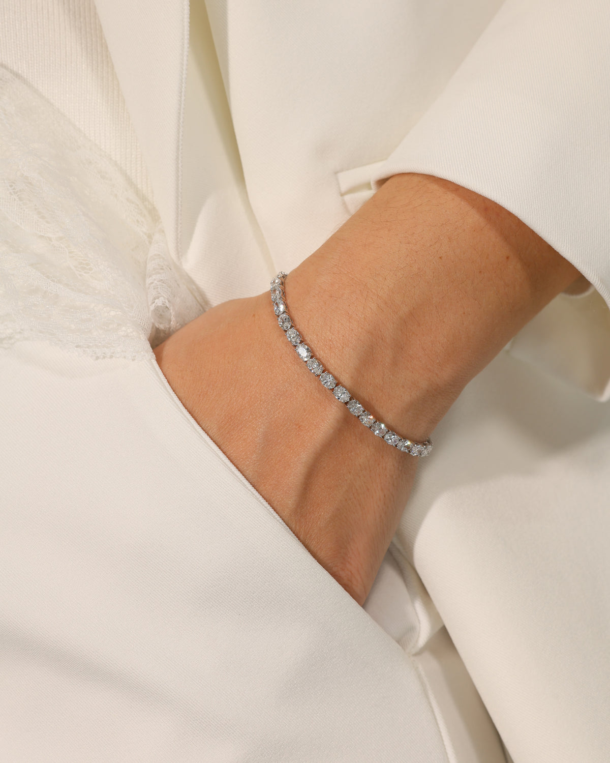 8.22 ct Oval Lab Diamond Tennis Bracelet, worn on wrist – DBR00092